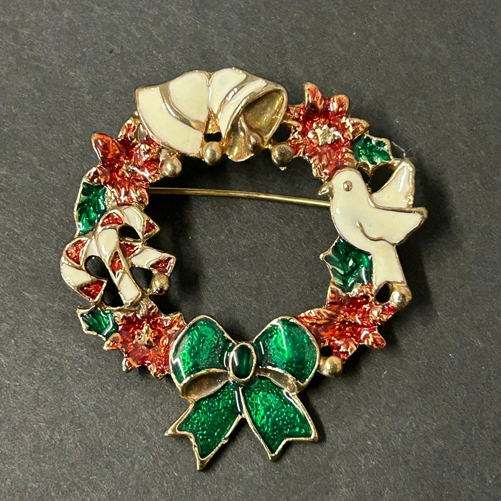 Vintage Christmas Wreath Brooch Multicolor Good Enamel Dove